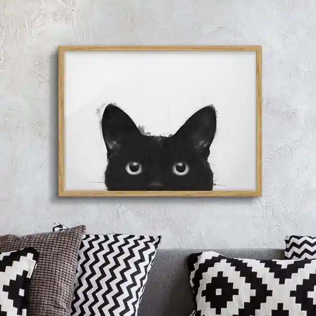 Sonderangebot Illustration Schwarze Katze auf Weiß Malerei Bild mit Rahmen in Manufakturqualität • Eiche naturbelassen • inkl. Rahmung von Hand • Made in Germany