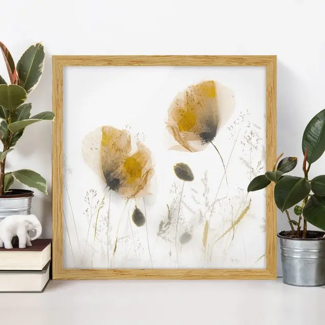 Direkt Vom Hersteller Mohnblumen und zarte Gräser im weichen Nebel Bild mit Rahmen in Manufakturqualität • Eiche naturbelassen • inkl. Rahmung von Hand • Made in Germany