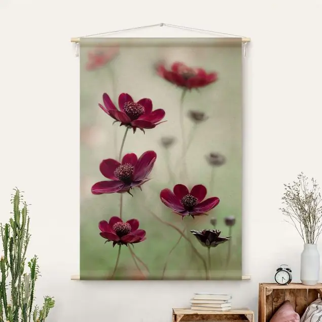 Knallerangebot Pinke Kosmeen Wandteppich • Handarbeit aus Deutschland • inkl. Rundhölzer & Baumwollseil • lösemittelfrei • natürliche Raumwirkung
