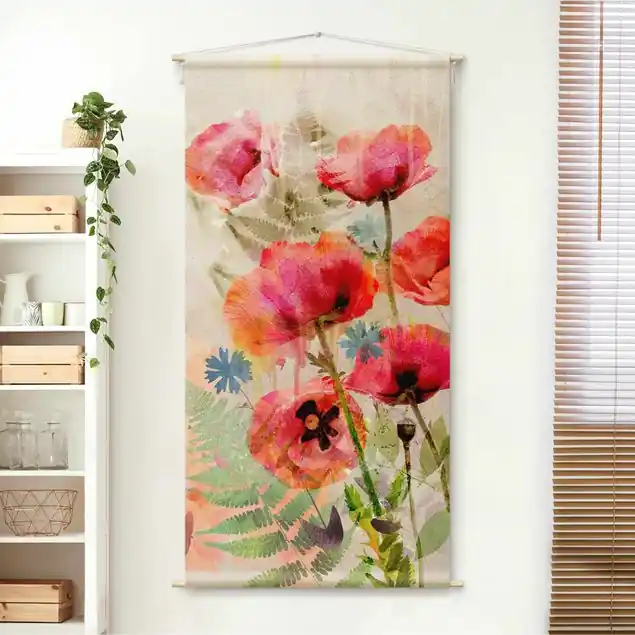 Aquarell Blumen Mohn Wandteppich • Handarbeit aus Deutschland • inkl. Rundhölzer & Baumwollseil • lösemittelfrei • natürliche Raumwirkung Sale