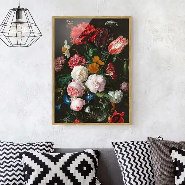 Jan Davidsz de Heem - Stillleben mit Blumen in einer Glasvase Bild mit Rahmen in Manufakturqualität • Eiche naturbelassen • inkl. Rahmung von Hand • Made in Germany Versand Am Gleichen Tag