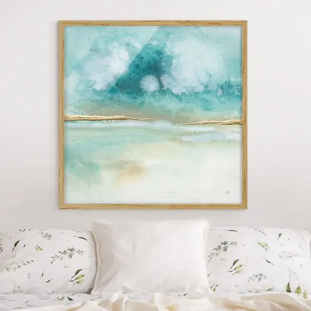 Top-Angebot Smaragd-Wolken und Gold II Bild mit Rahmen in Manufakturqualität • Eiche naturbelassen • inkl. Rahmung von Hand • Made in Germany