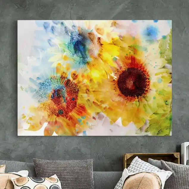 Aquarell Blumen Sonnenblumen Leinwandbild • hergestellt in Deutschland • langlebiges Canvas mit Holzkeilrahmen • klassische Struktur • 260 g/m² Top-Seller