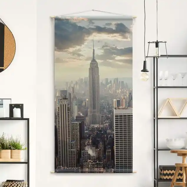 Echt Sonnenaufgang in New York Wandteppich • Handarbeit aus Deutschland • inkl. Rundhölzer & Baumwollseil • lösemittelfrei • natürliche Raumwirkung