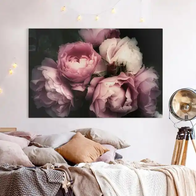 Pfingstrosen vor Schwarz Shabby Leinwandbild • hergestellt in Deutschland • langlebiges Canvas mit Holzkeilrahmen • klassische Struktur • 260 g/m² Schnäppchen
