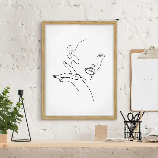 Line Art Frau Portrait Schwarz Weiß Bild mit Rahmen in Manufakturqualität • Eiche naturbelassen • inkl. Rahmung von Hand • Made in Germany Markenprodukt