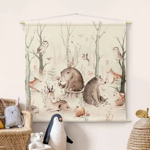 Aquarell Waldtierfreunde Wandteppich • Handarbeit aus Deutschland • inkl. Rundhölzer & Baumwollseil • lösemittelfrei • natürliche Raumwirkung Markenprodukt