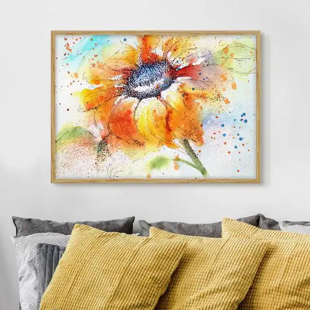 Finale Aktion Painted Sunflower Bild mit Rahmen in Manufakturqualität • Eiche naturbelassen • inkl. Rahmung von Hand • Made in Germany