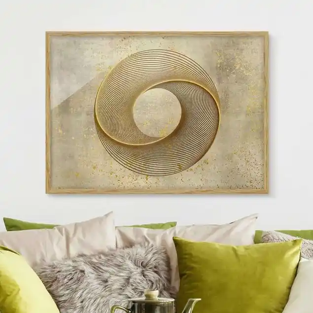 Line Art Kreisspirale Gold Bild mit Rahmen in Manufakturqualität • Eiche naturbelassen • inkl. Rahmung von Hand • Made in Germany Kostenloser Versand