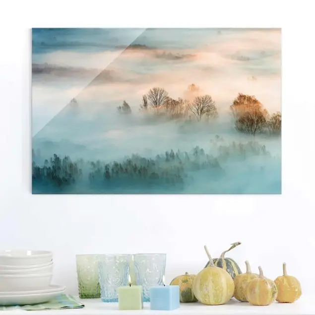Nebel bei Sonnenaufgang Glasbild - Querformat Neue Ware