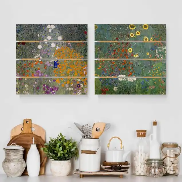 Gustav Klimt - Im grünen Garten 2-teiliges Holzbild Plankenoptik - Quadrat Neuheit