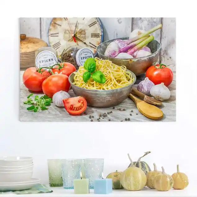 Spagetthischale mit Basilikum Glasbild Gratis Versand