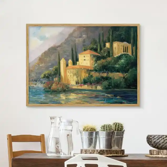Kostenloser Rückversand Italienische Landschaft - Landhaus Bild mit Rahmen in Manufakturqualität • Eiche naturbelassen • inkl. Rahmung von Hand • Made in Germany