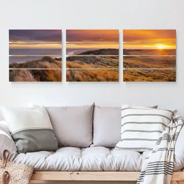 Top-Angebot Sonnenaufgang am Strand auf Sylt 3-teiliges Holzbild Plankenoptik - Quadrat