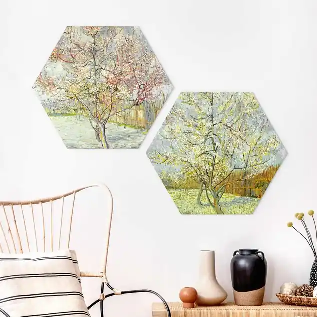Vincent van Gogh - Blühende Pfirsichbäume im Garten 2-teiliges Hexagon-Forexbild Aktuell