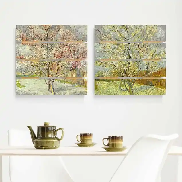 Markenprodukt Vincent van Gogh - Blühende Pfirsichbäume im Garten 2-teiliges Holzbild Plankenoptik