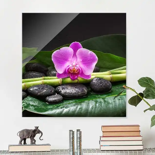 Grüner Bambus mit Orchideenblüte Glasbild Garantierte Lieferung
