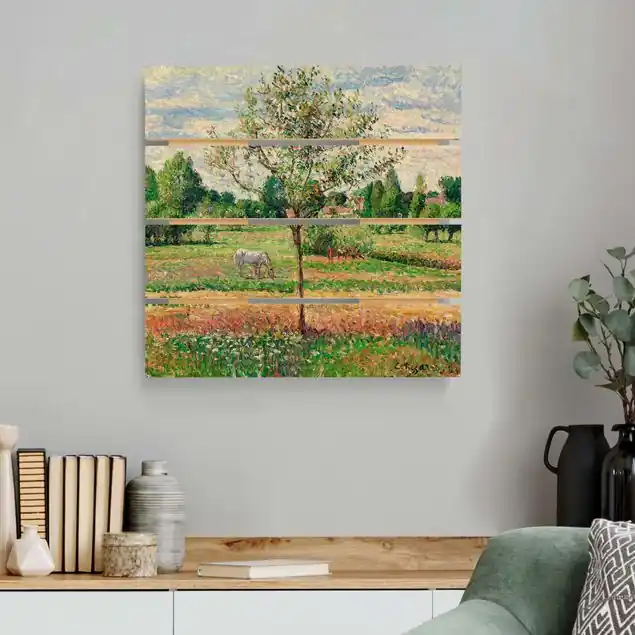 Finale Aktion Camille Pissarro - Wiese mit Schimmel Holzbild Plankenoptik - Quadrat