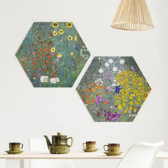 Gustav Klimt - Im grünen Garten 2-teiliges Hexagon-Alu-Dibond Bild Beliebt