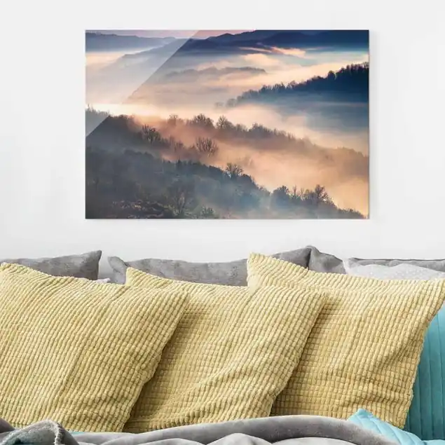 Garantierte Lieferung Nebel bei Sonnenuntergang Glasbild - Querformat