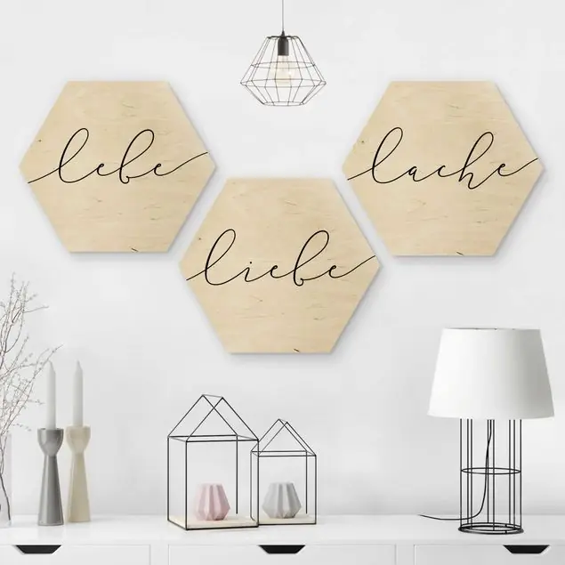 Lebe Liebe Lache Kalligraphie 3-teiliges Hexagon-Holzbild Direktkauf