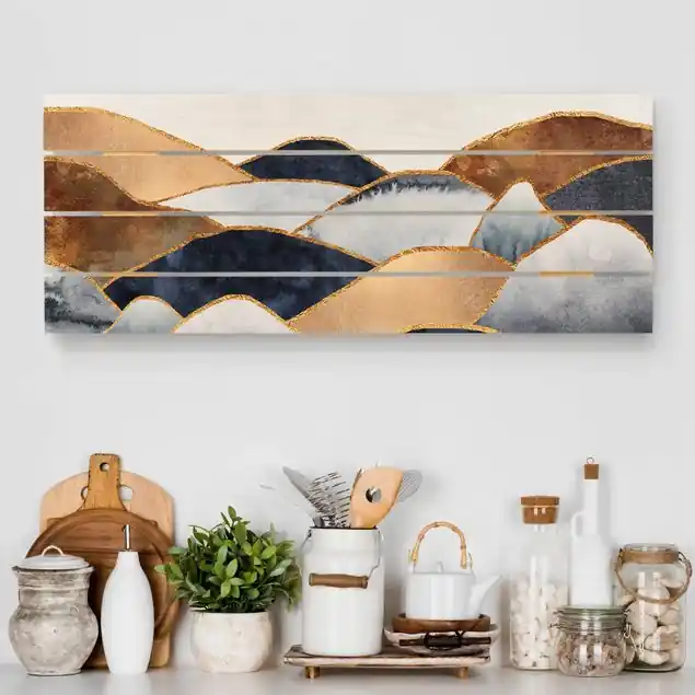 Goldene Berge Aquarell Holzbild Plankenoptik - Panorama Jetzt Kaufen