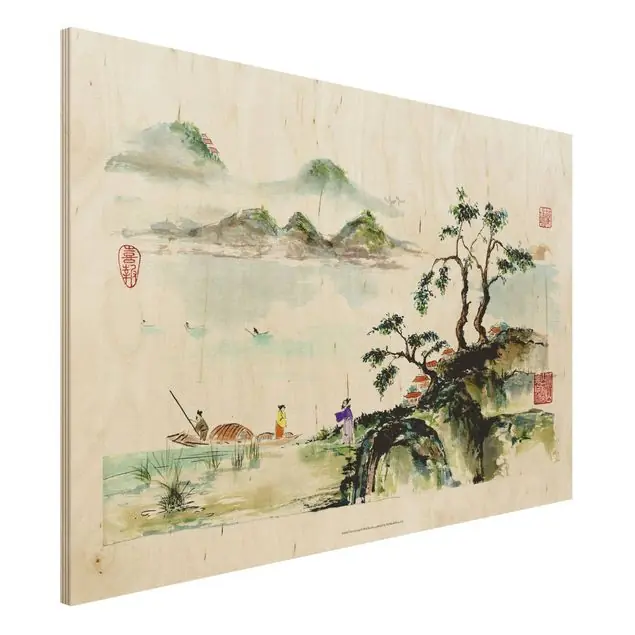 Ausverkauf Japanische Aquarell Zeichnung See und Berge Holzbild - Querformat 3:2