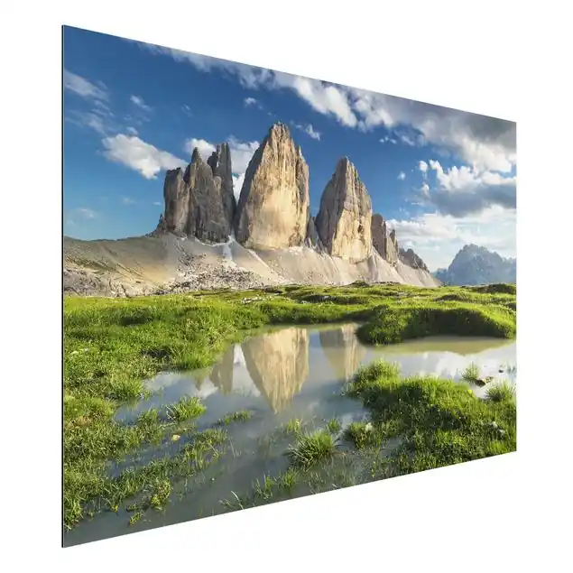 Südtiroler Zinnen und Wasserspiegelung Alu-Dibond Outdoor Bild Gratis Versand