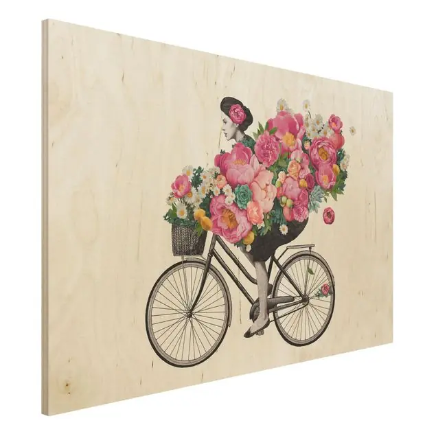 Illustration Frau auf Fahrrad Collage bunte Blumen Holzbild - Querformat 3:2 Heißes Angebot