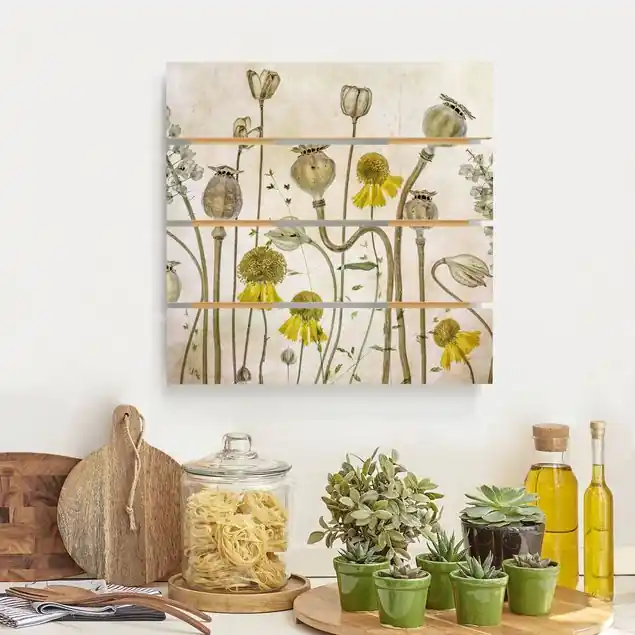 Finale Aktion Mohn und Helenium Holzbild Plankenoptik - Quadrat