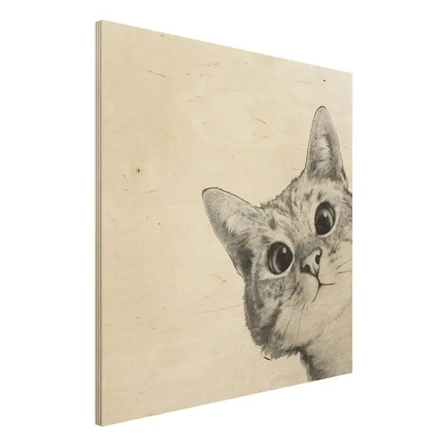 Neuheit Illustration Katze Zeichnung Schwarz Weiß Holzbild - Quadrat