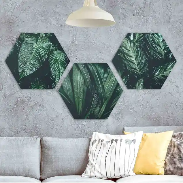 Blätter im Regen 3-teiliges Hexagon-Alu-Dibond Bild Neuheit