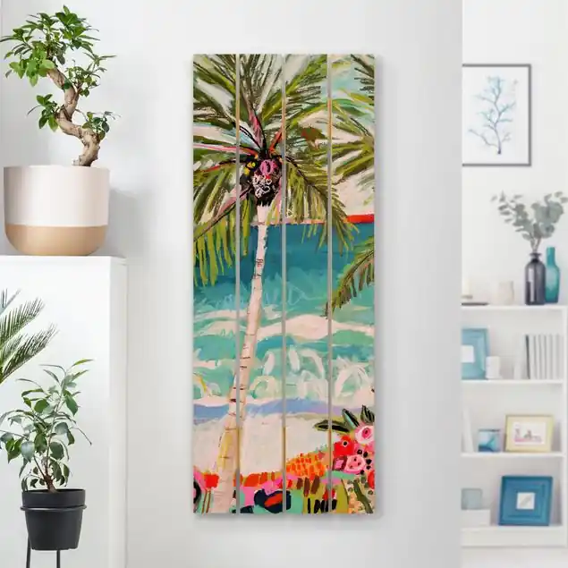Beliebt Palme mit pinken Blumen I Holzbild Plankenoptik - Hochformat