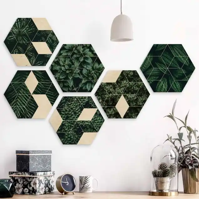 Nur Für Kurze Zeit Grüne Blätter Geometrie Set II 6-teiliges Hexagon-Holzbild