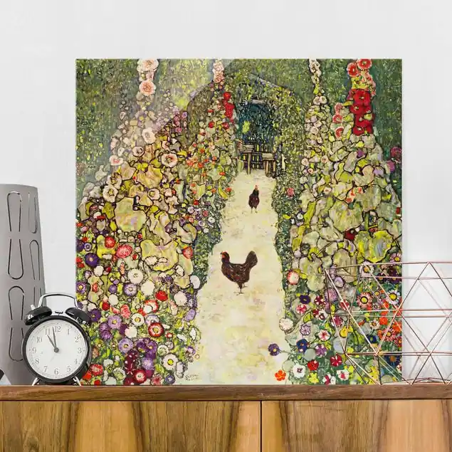 Gustav Klimt - Gartenweg mit Hühnern Glasbild - Quadrat Schneller Versand