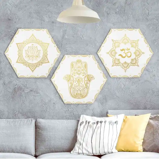 Hamsa Hand Lotus OM Illustration Set Gold 3-teiliges Hexagon-Forexbild Preisknaller