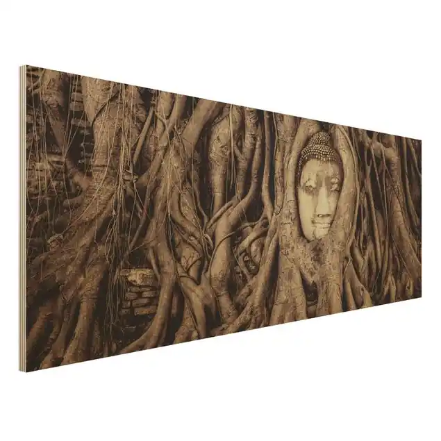 Buddha in Ayutthaya von Baumwurzeln gesäumt in Braun Holzbild - Panorama Preiswert