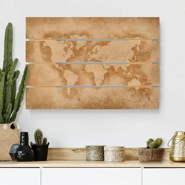 Top-Angebot Antike Weltkarte Holzbild Plankenoptik - Querformat