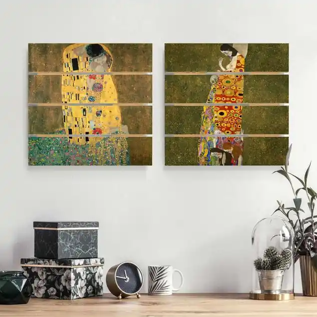 Gustav Klimt - Kuss und Hoffnung 2-teiliges Holzbild Plankenoptik - Quadrat Garantierte Lieferung
