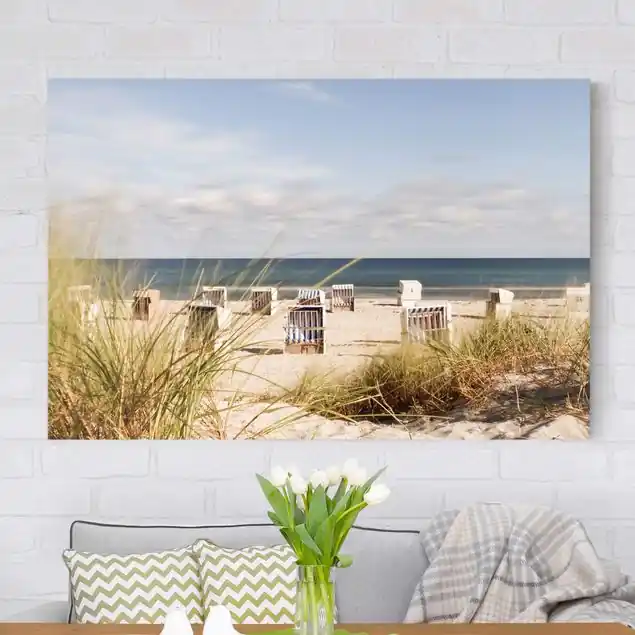 Ostsee und Strandkörbe Leinwandbild • hergestellt in Deutschland • langlebiges Canvas mit Holzkeilrahmen • klassische Struktur • 260 g/m² Solange Der Vorrat Reicht