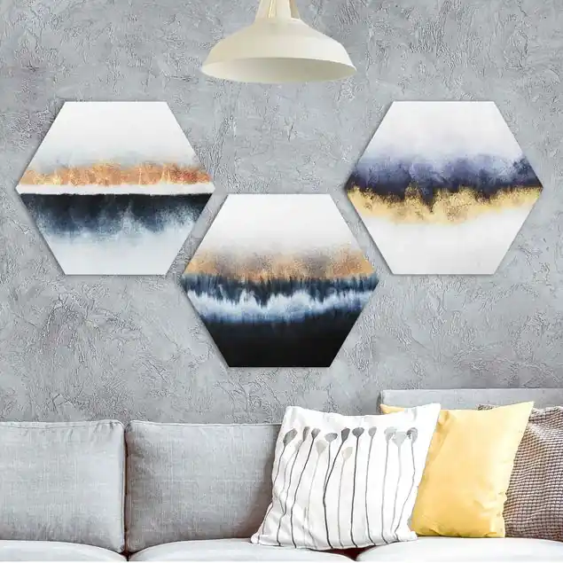 Aquarell Horizont Gold Blau 3-teiliges Hexagon-Alu-Dibond Bild Nur Heute