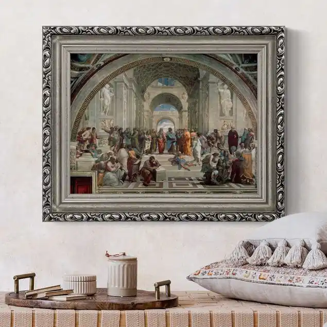 Gratis Versand Raffael - Die Schule von Athen Brillantes Leinwandbild • inkl. silbernem Barockrahmen • Made in Germany • filigrane Verzierungen in Antikoptik • perfektes Eyecatcher-Piece