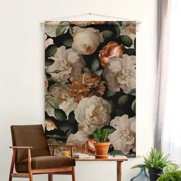 Markenware Rote Rosen mit Weißen Rosen Wandteppich • Handarbeit aus Deutschland • inkl. Rundhölzer & Baumwollseil • lösemittelfrei • natürliche Raumwirkung