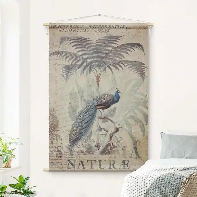 Nur Heute Shabby Chic Collage - Pfau Wandteppich • Handarbeit aus Deutschland • inkl. Rundhölzer & Baumwollseil • lösemittelfrei • natürliche Raumwirkung