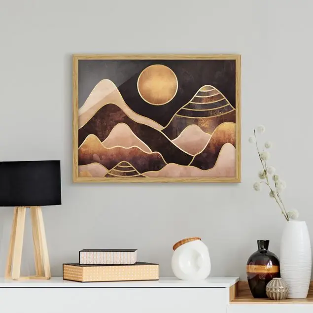Goldene Sonne abstrakte Berge Bild mit Rahmen in Manufakturqualität • Eiche naturbelassen • inkl. Rahmung von Hand • Made in Germany Meistverkauft