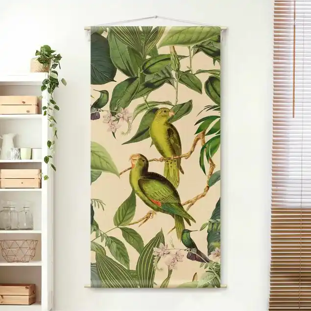 Vintage Collage - Papageien im Dschungel Wandteppich • Handarbeit aus Deutschland • inkl. Rundhölzer & Baumwollseil • lösemittelfrei • natürliche Raumwirkung Sale