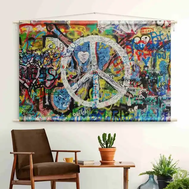 Graffiti Wall Peace Sign Wandteppich • Handarbeit aus Deutschland • inkl. Rundhölzer & Baumwollseil • lösemittelfrei • natürliche Raumwirkung Rabatt