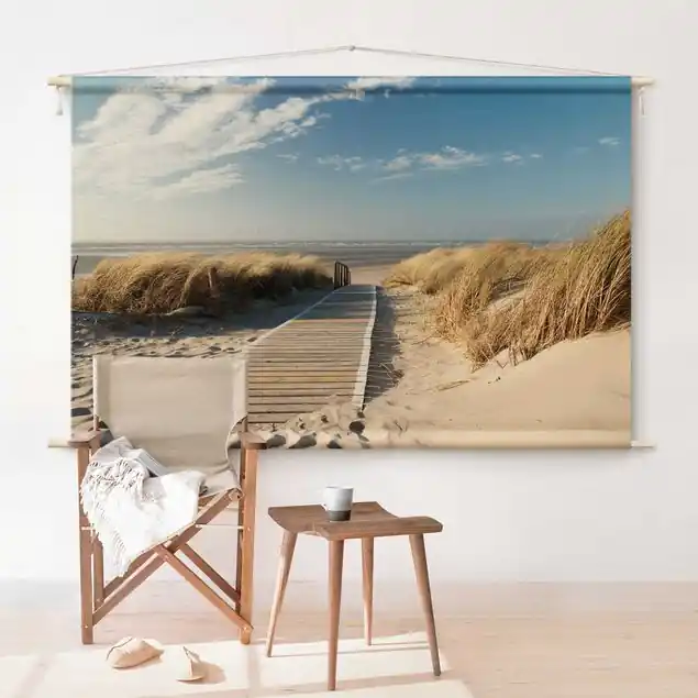 Zertifiziert Ostsee Strand Wandteppich • Handarbeit aus Deutschland • inkl. Rundhölzer & Baumwollseil • lösemittelfrei • natürliche Raumwirkung
