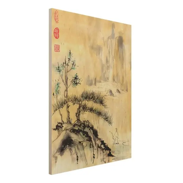Neu Im Sortiment Japanische Aquarell Zeichnung Zedern und Berge Holzbild - Hochformat 3:4