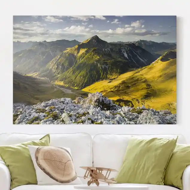Ausverkauf Berge und Tal der Lechtaler Alpen in Tirol Leinwandbild • hergestellt in Deutschland • langlebiges Canvas mit Holzkeilrahmen • klassische Struktur • 260 g/m²